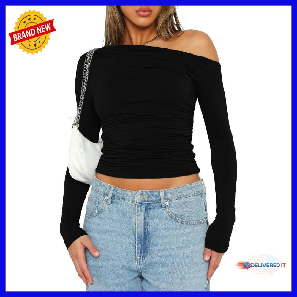 Long Sleeve Crop Top Slim Fit Off Shoulder Boat Neck Blouse Y2k